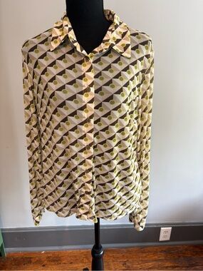 CAbi Polka Dot Geometric Blouse in Olive & Brown